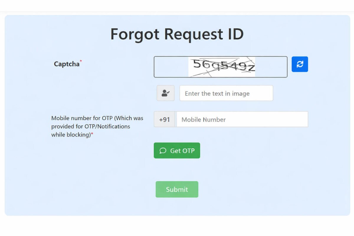 CEIR forgot request ID form Sanchar Saathi portal recover request ID mobile number OTP captcha submit button
