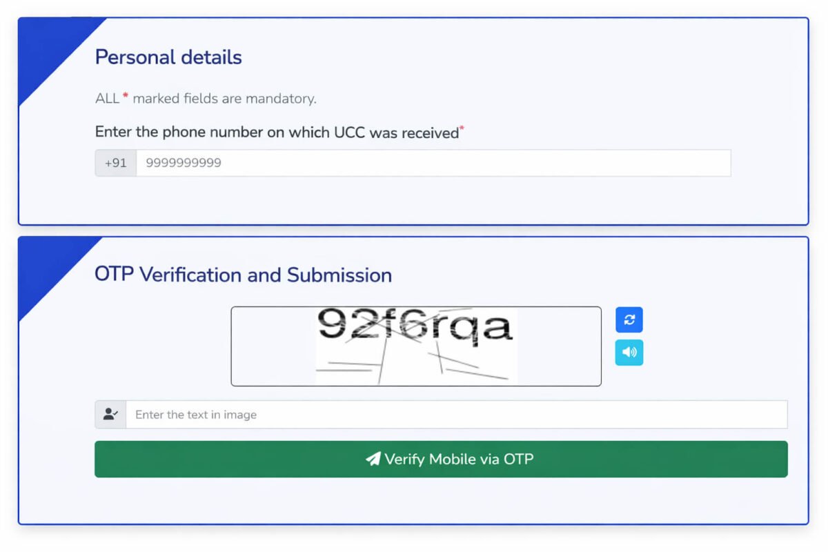 sanchar saathi ucc otp verification form screenshot showing mobile number and captcha verification