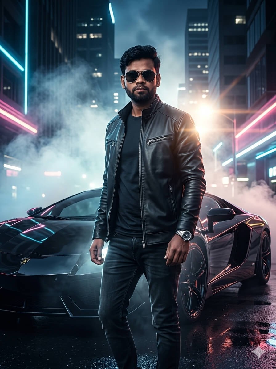 Stylish cinematic portrait of a man standing beside a luxury sports car with smoke and neon city lights at night