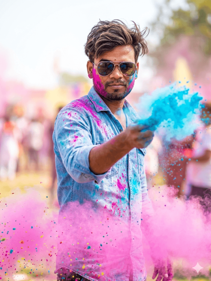 Young man playing Holi with colorful powder splash wearing sunglasses and denim shirt