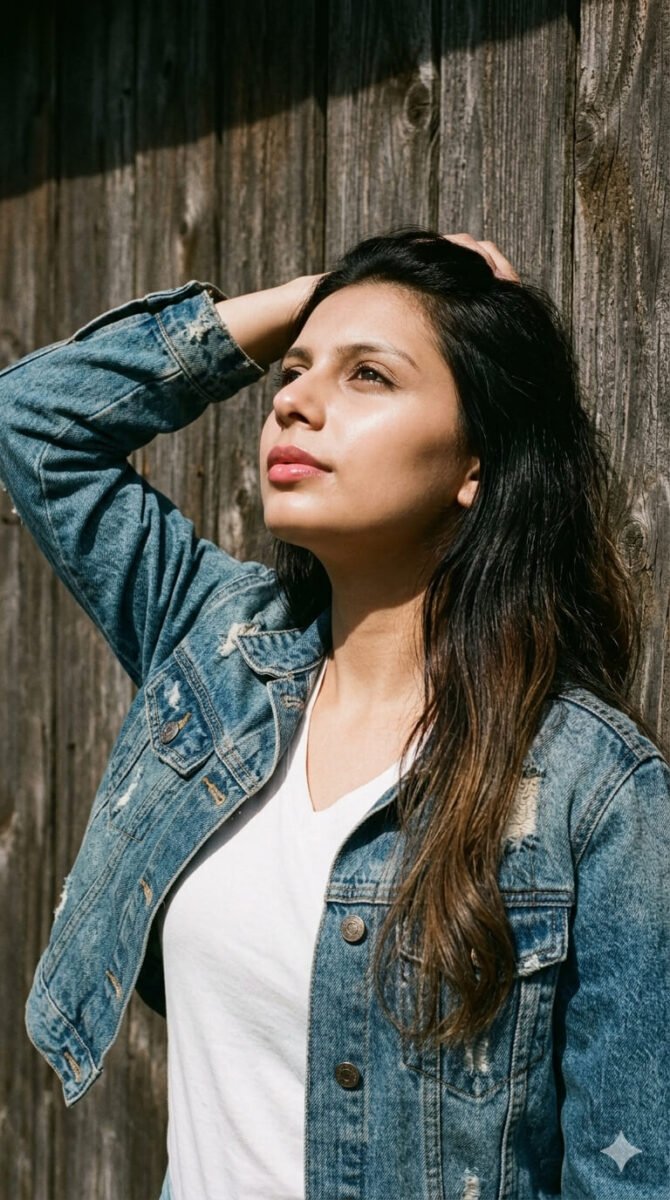 Portrait of a woman standing near a wooden wall wearing a denim jacket and looking up in sunlight