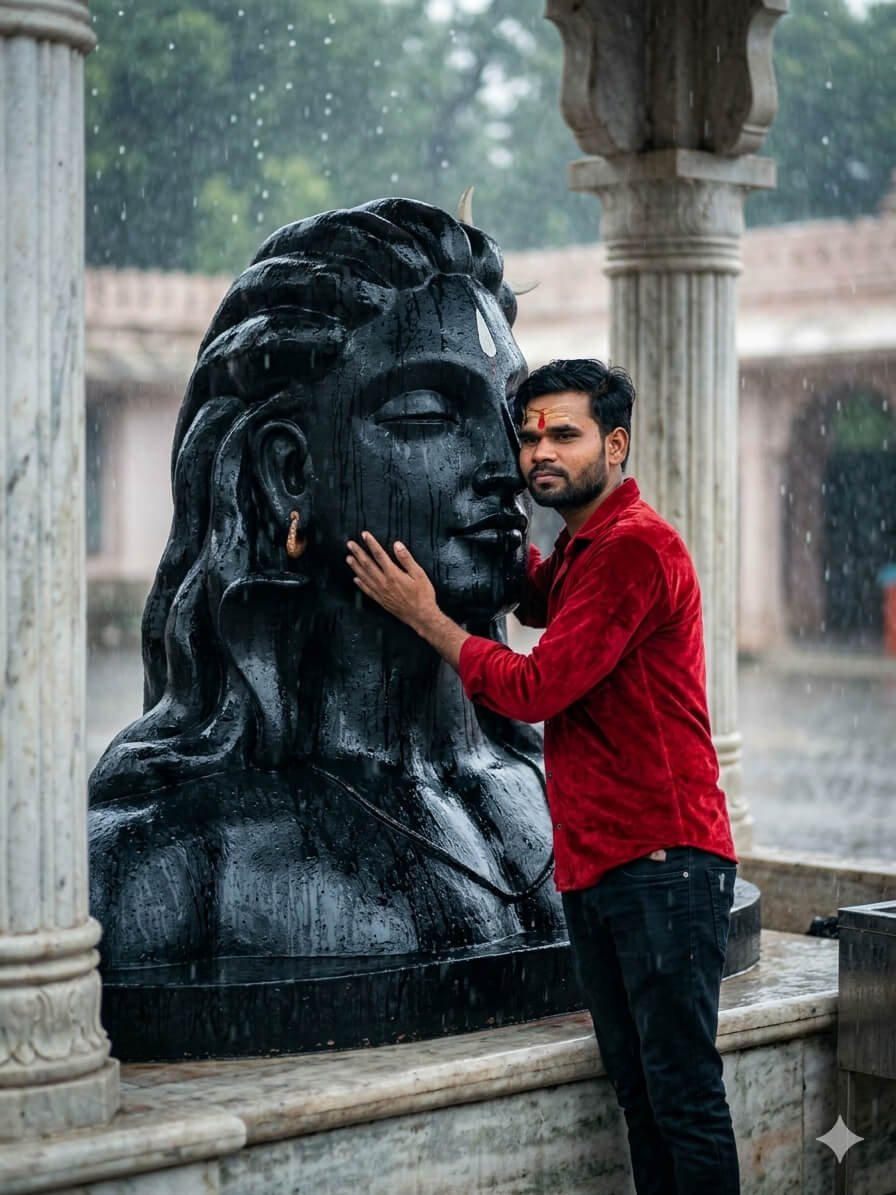 Man standing in rain touching a large Lord Shiva statue in a temple courtyard