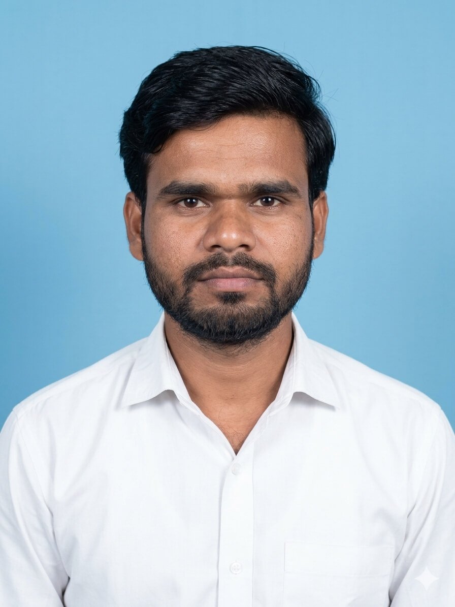 Professional passport size portrait of a young man wearing a white shirt with a clean blue background, facing the camera with a neutral expression.