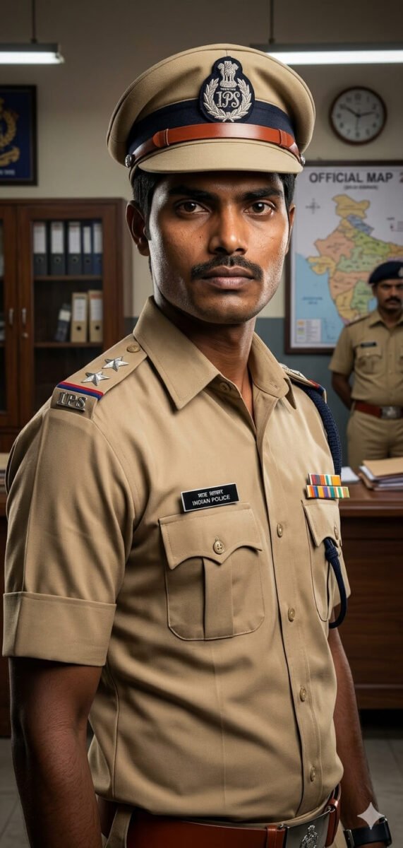 Hyper-realistic portrait of an Indian police officer wearing an IPS uniform standing inside a police station office with an India map and files in the background.