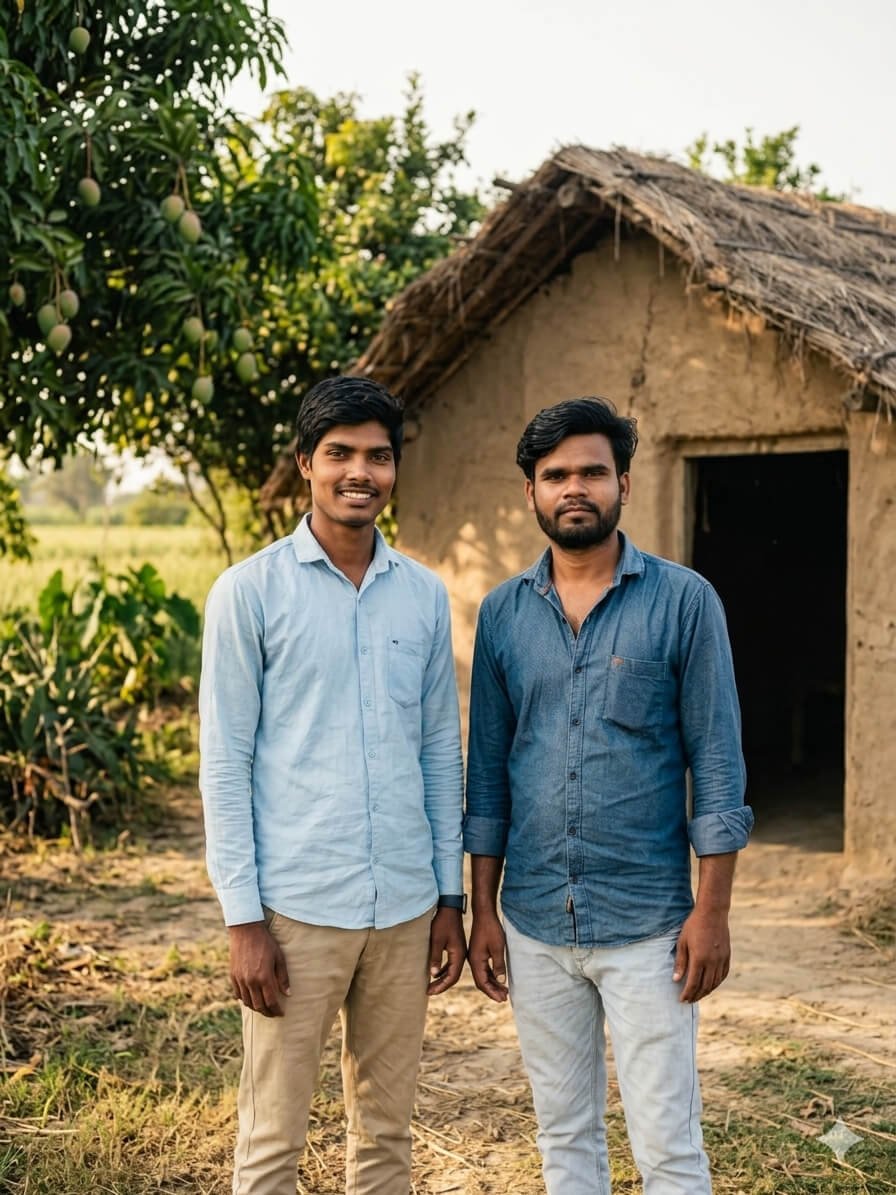 Two men standing in front of a small mud house in an Indian village with trees and greenery around