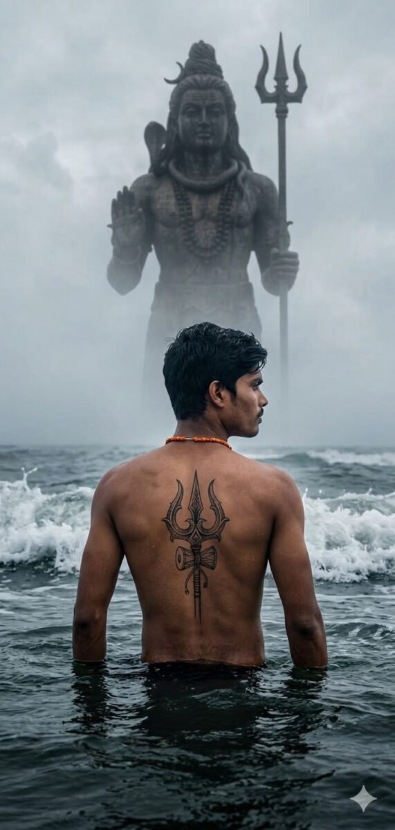 Man standing waist deep in ocean water with Shiva trishul tattoo on back and Lord Shiva statue in misty background