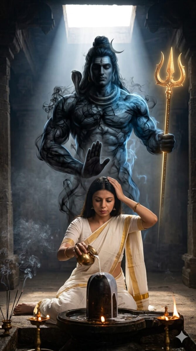 Woman performing Shivling milk abhishek with Lord Shiva blessing scene in cinematic spiritual artwork
