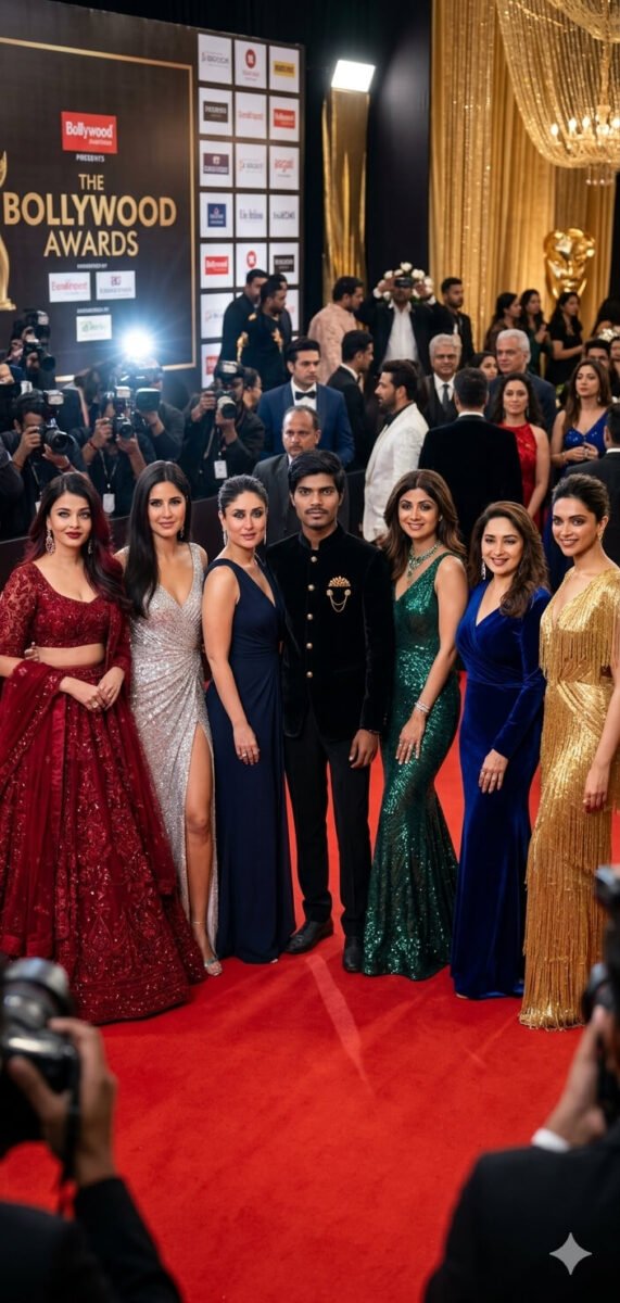 A man standing with Bollywood actresses Kareena Kapoor, Katrina Kaif, Aishwarya Rai, Shilpa Shetty, Madhuri Dixit and Deepika Padukone at a glamorous Bollywood awards red carpet event with photographers and flashing cameras.