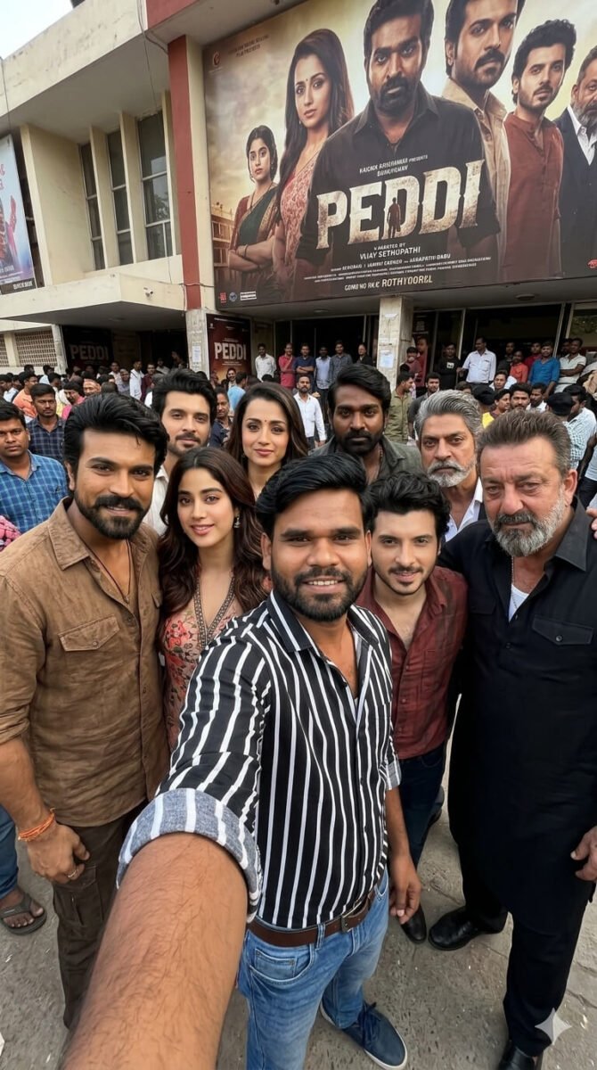 AI generated selfie photo with celebrities standing together in a group outside a cinema