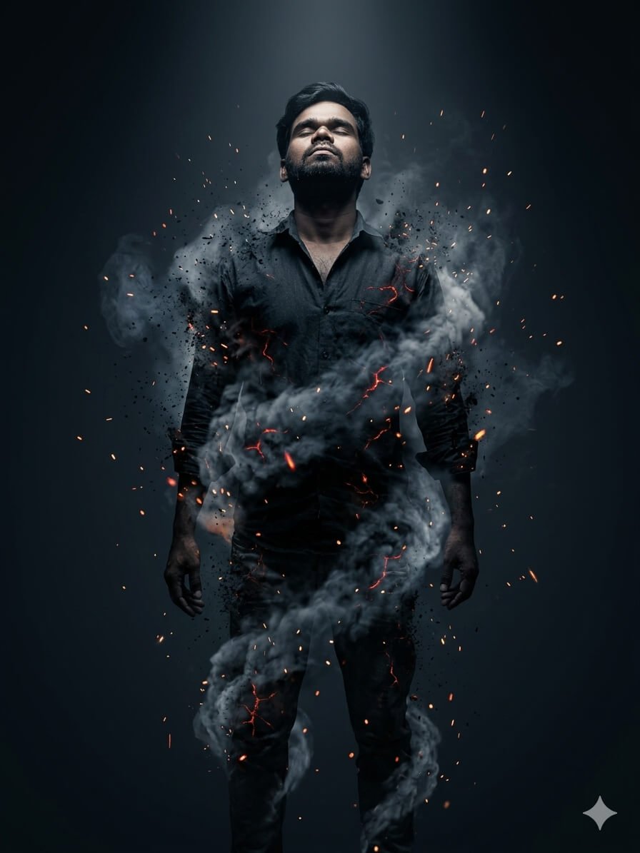 Cinematic dark portrait of a man surrounded by smoke and glowing sparks in dramatic lighting