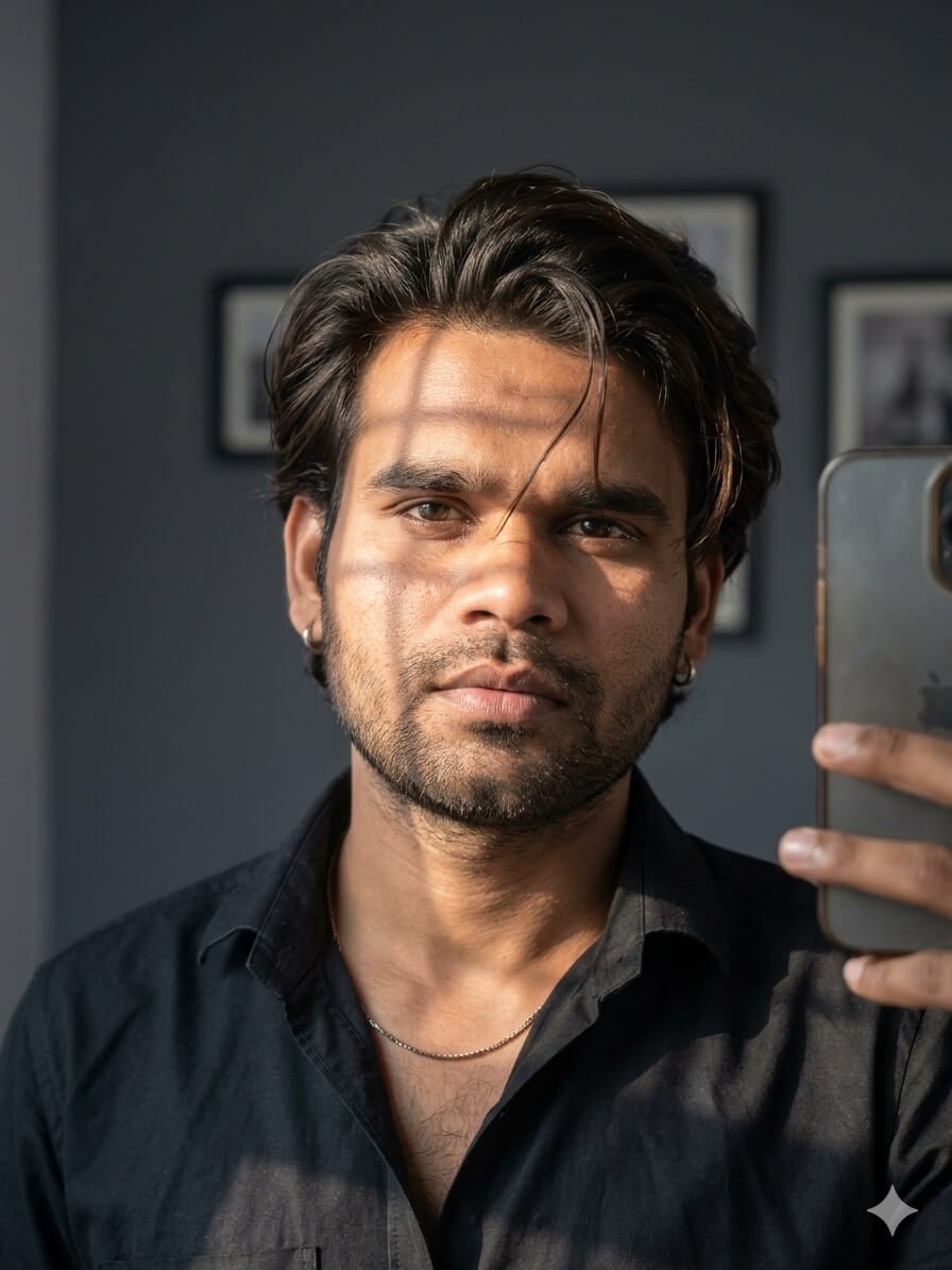 Realistic selfie portrait of a young man wearing a black shirt with natural sunlight shadow on his face