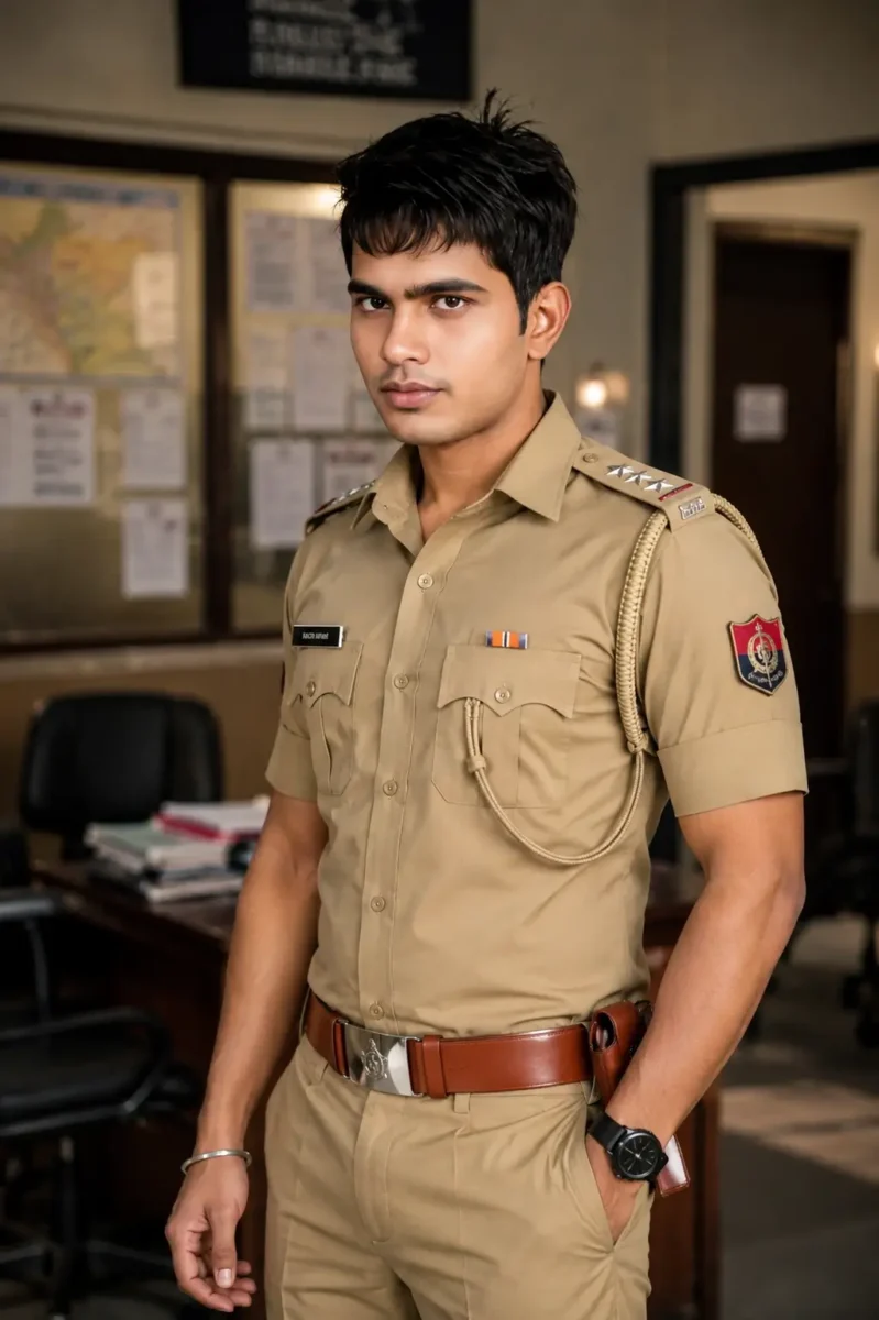 Young man in Indian police officer uniform standing inside a police station, AI-generated realistic portrait