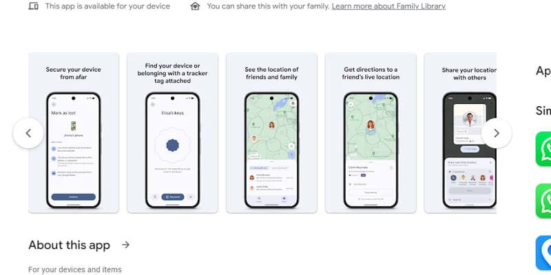 Google Find My Device app features showing device security, tracker tag support and location sharing options