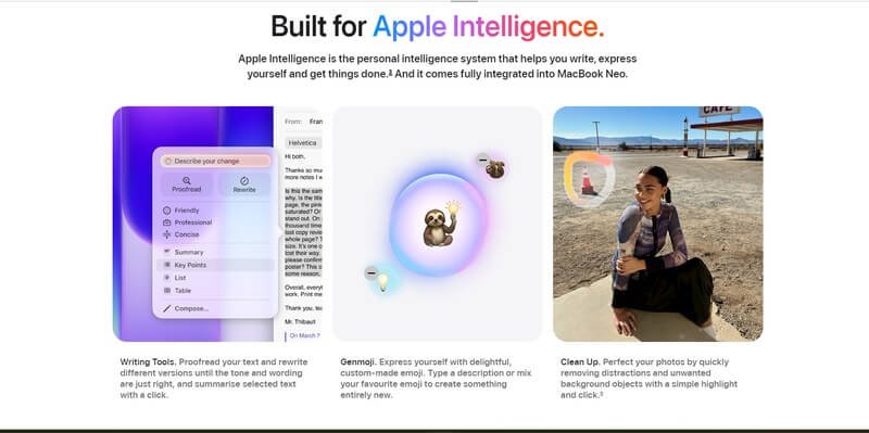 MacBook Neo Apple Intelligence features including Writing Tools Genmoji and Clean Up shown on Apple website