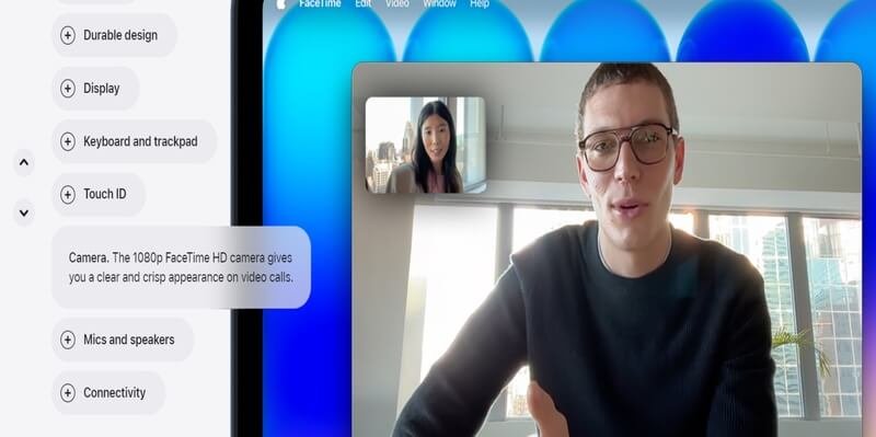 MacBook Neo 1080p FaceTime HD camera video call quality shown on Apple website