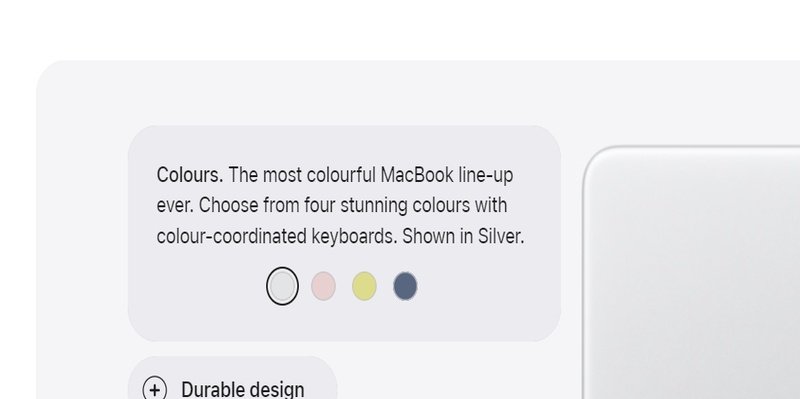 MacBook Neo colours Silver Blush Citrus Indigo shown on Apple website