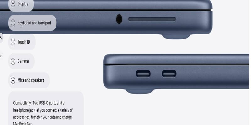MacBook Neo connectivity showing two USB-C ports and headphone jack on Apple website