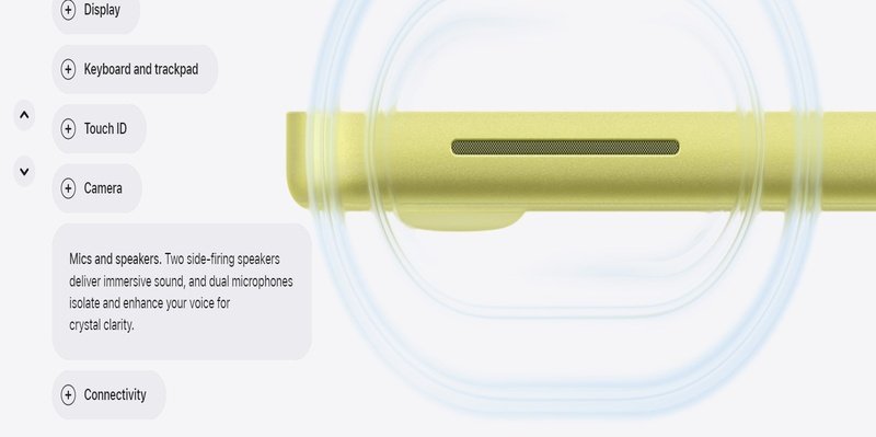 MacBook Neo dual microphones and side firing speakers sound system shown on Apple website