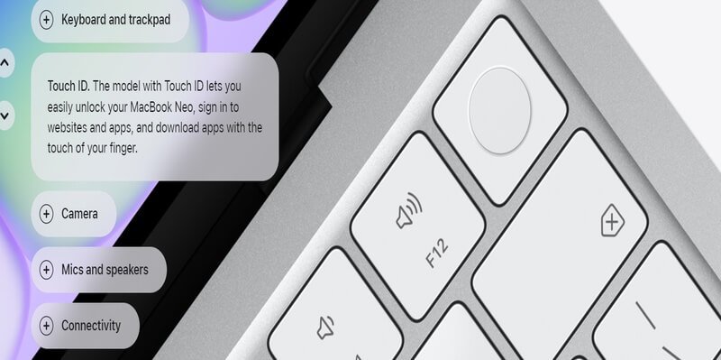MacBook Neo Touch ID fingerprint sensor on keyboard shown on Apple website