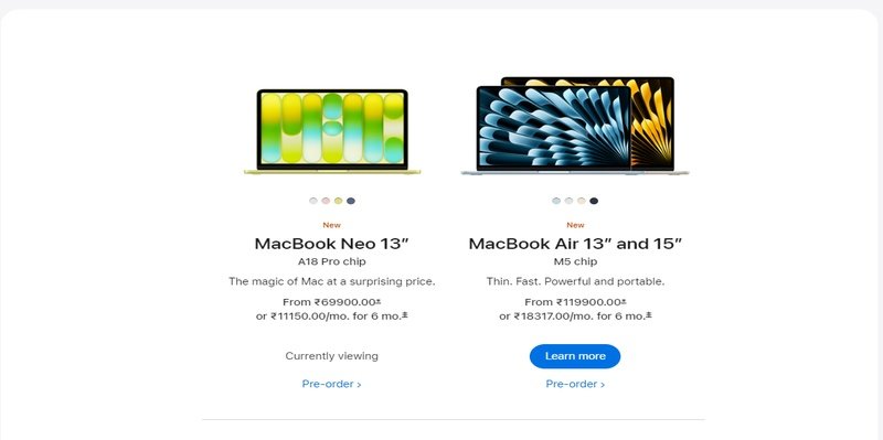 MacBook Neo 13 inch vs MacBook Air 13 and 15 inch comparison on Apple website
