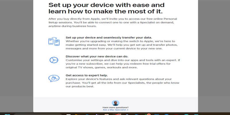 MacBook Personal Setup guide showing device setup, data transfer and expert help features