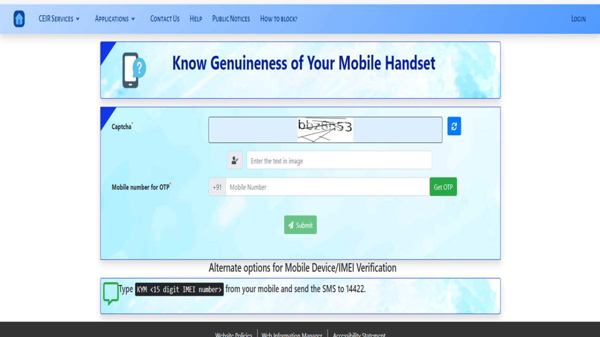 Sanchar Saathi website par mobile genuineness check karne ka form jahan captcha aur mobile number se OTP verify kiya jata hai