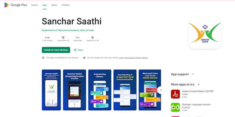 Sanchar Saathi app Google Play Store page showing government mobile tracking and stolen phone blocking features