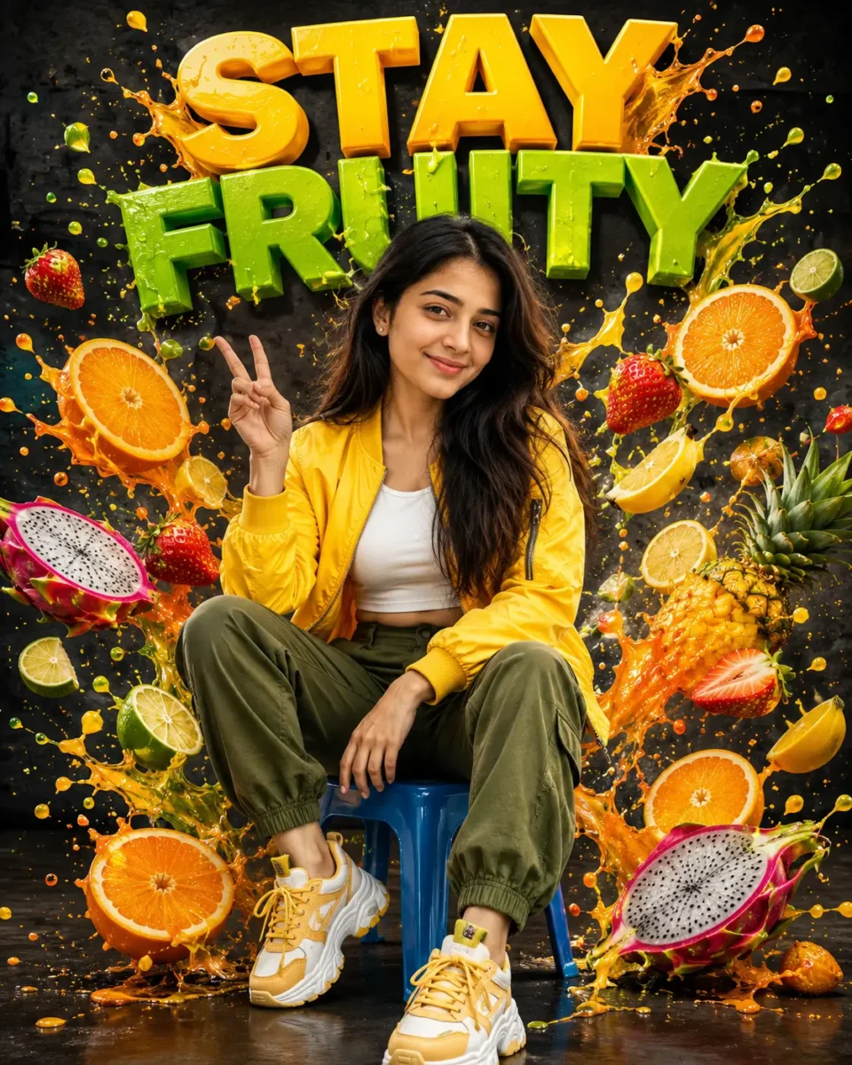Stay Fruity pop style AI poster of a woman surrounded by colorful fruits and juice splash effects