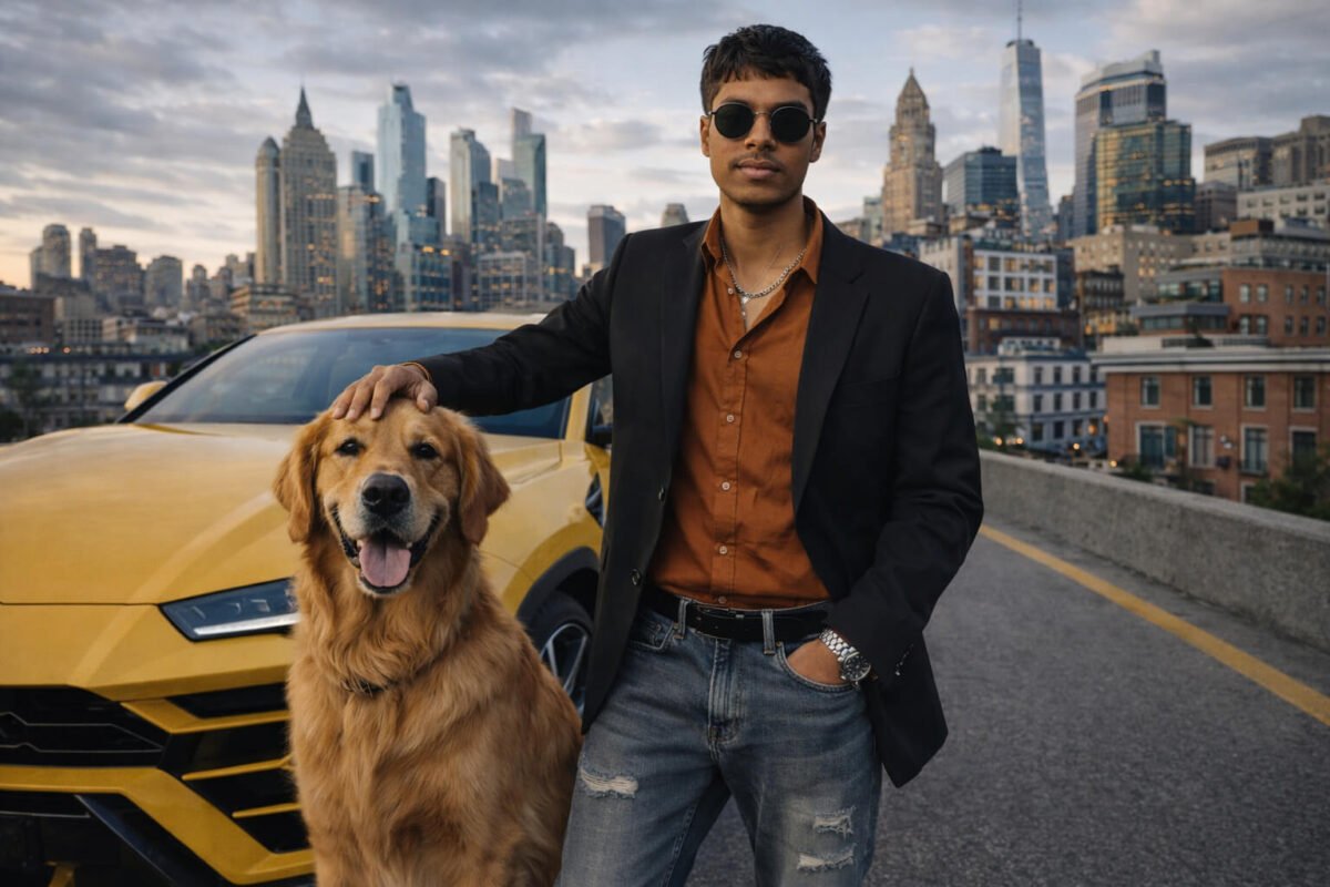 Ek stylish young boy foreign city road par Lamborghini car ke paas khada hai, uske side me ek cute dog hai aur usne dog ke head par haath rakha hua hai.