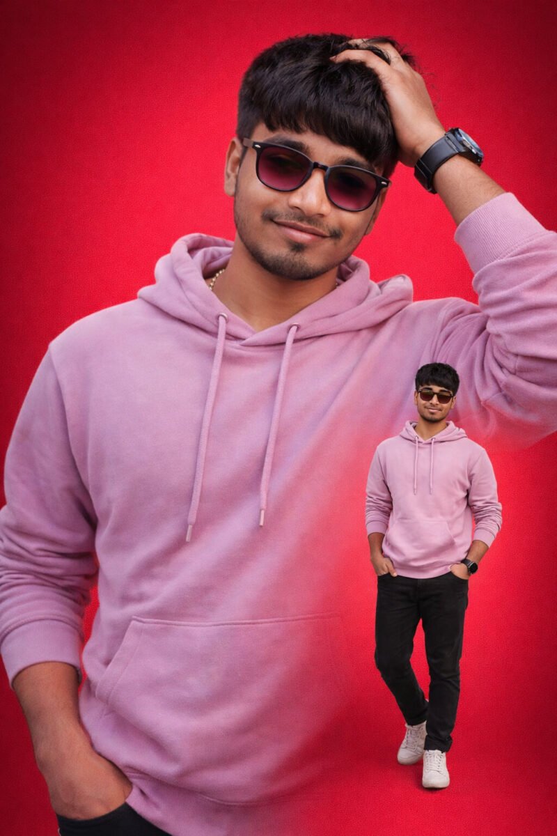 Ultra realistic AI collage of a stylish young man wearing a pink hoodie and sunglasses on a red gradient background with portrait and full body pose