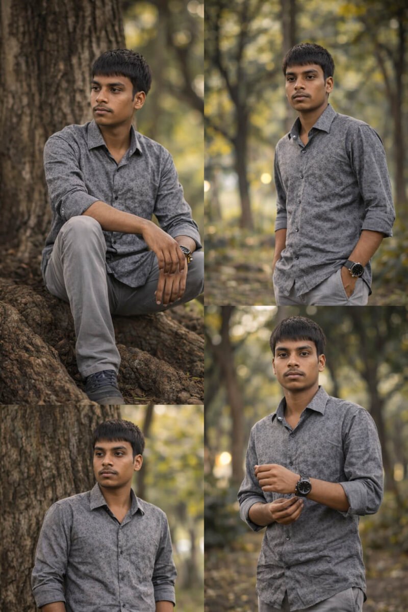 AI generated collage of young man in different poses with natural park background