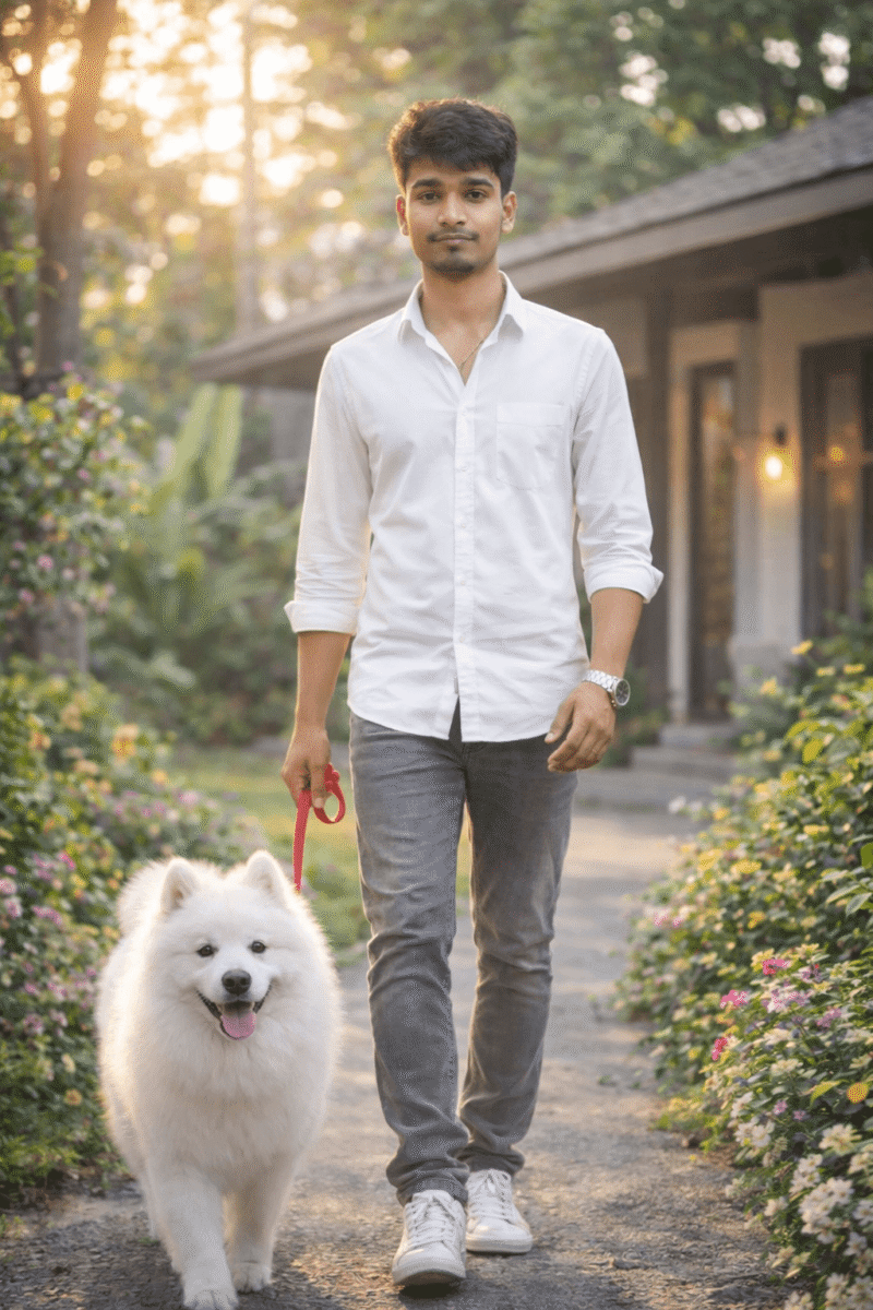 ultra realistic AI image of stylish man walking with white dog in garden cinematic background