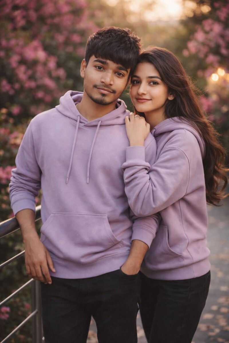 ultra realistic AI image of young couple wearing lavender hoodies in flower garden background