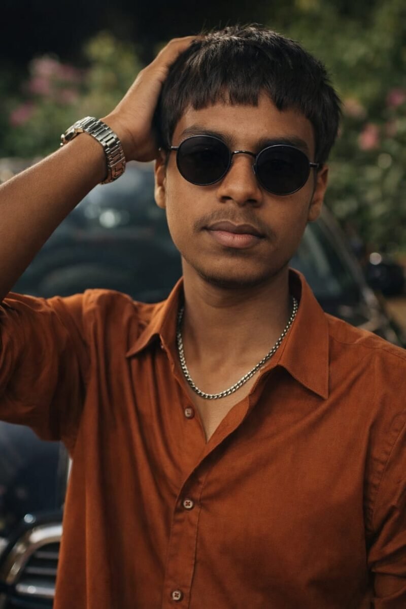stylish young man wearing sunglasses and brown shirt outdoor portrait photo