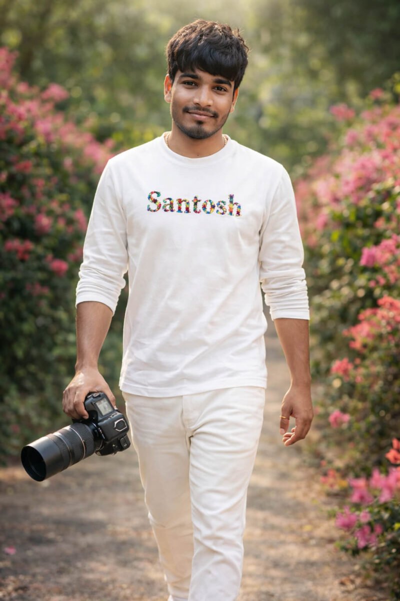 ultra realistic AI image of stylish young Indian man walking with camera in natural flower background
