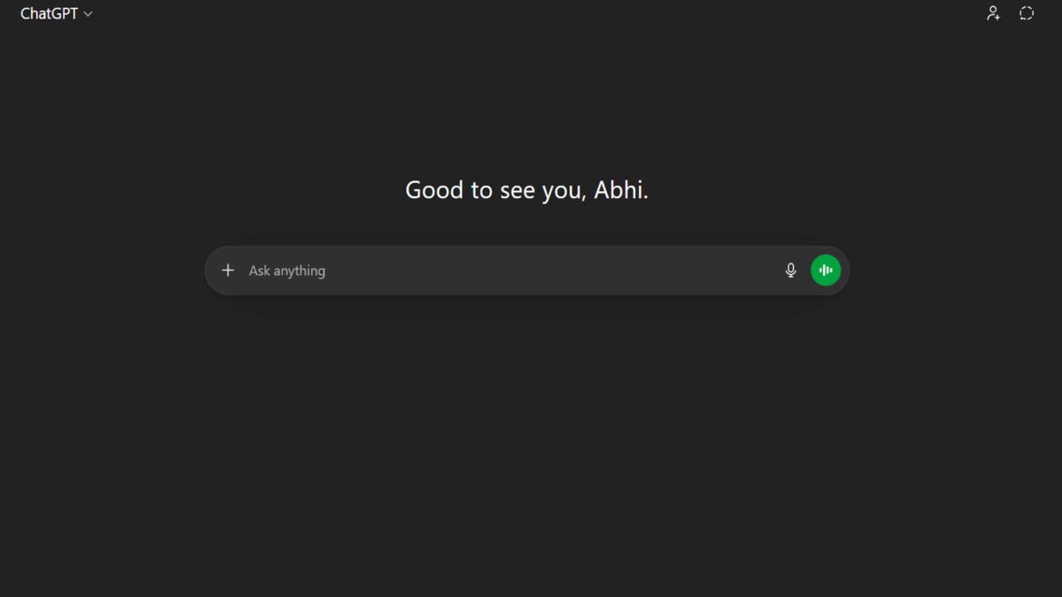 ChatGPT dashboard interface jisme Good to see you Abhi aur ask anything search bar dikh raha hai