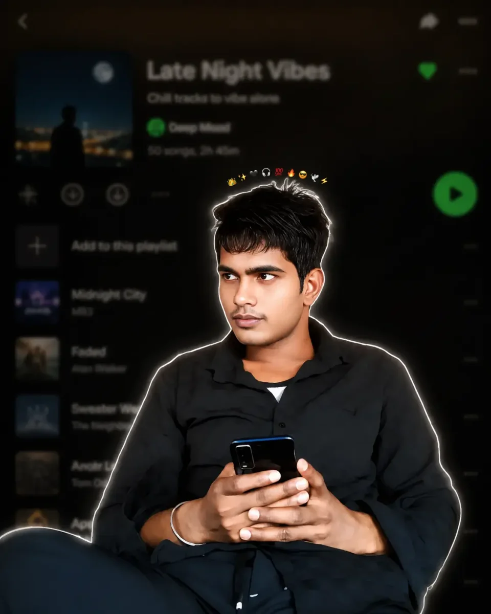 Dark music app background के साथ AI generated professional portrait