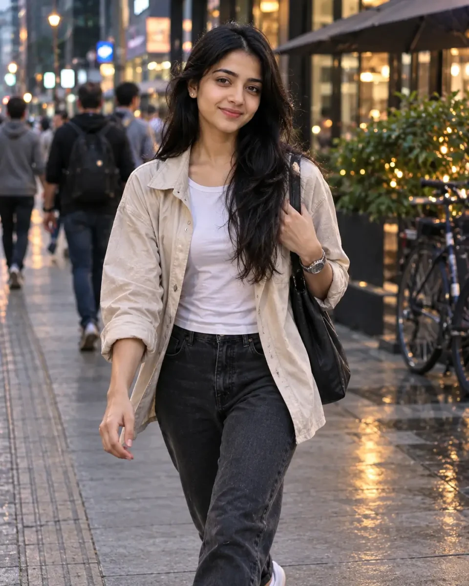 Ultra-realistic DSLR street photography portrait of a young woman walking naturally on a busy city street during the evening with cinematic lighting.