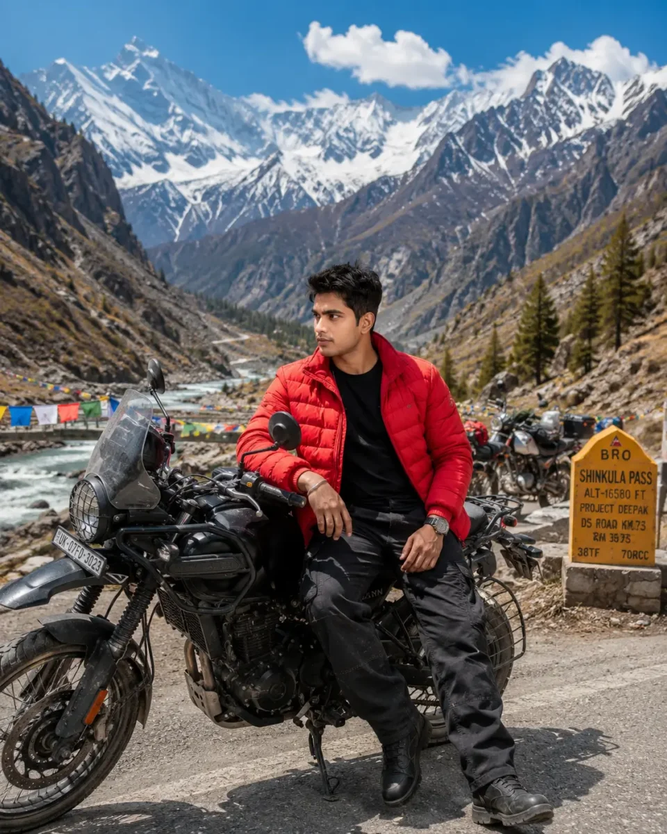 Young Indian man sitting on a black adventure motorcycle in the Himalayan mountains with snow-covered peaks and scenic valley views.