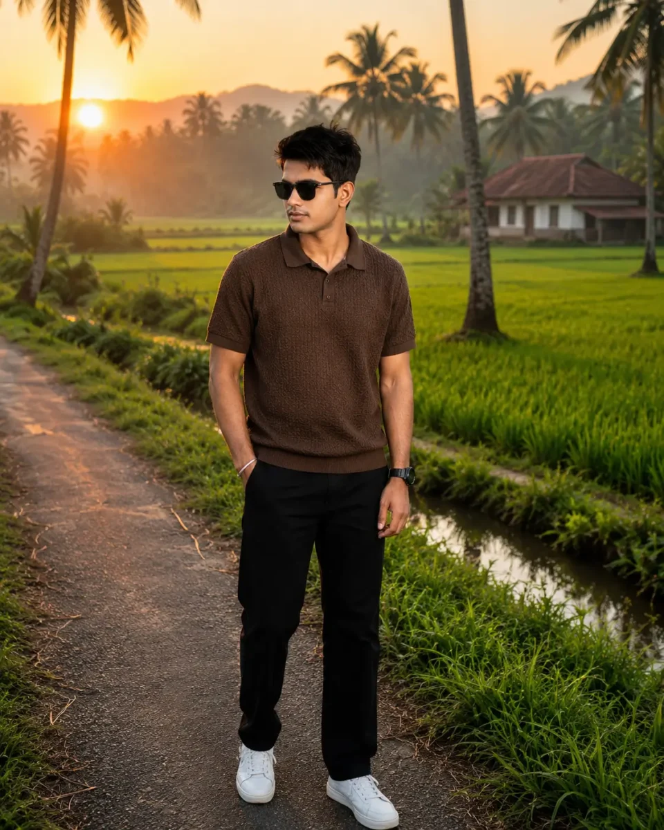 Stylish young Indian man in Kerala sunrise created using AI Image Prompt with realistic countryside background