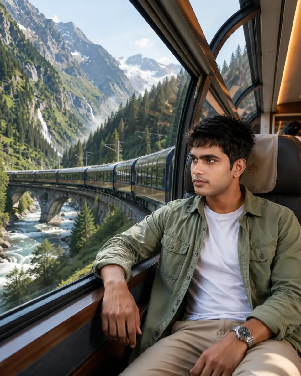 Young Indian man enjoying a luxury panoramic glass train journey through beautiful mountains, rivers, forests, and snow-covered peaks.