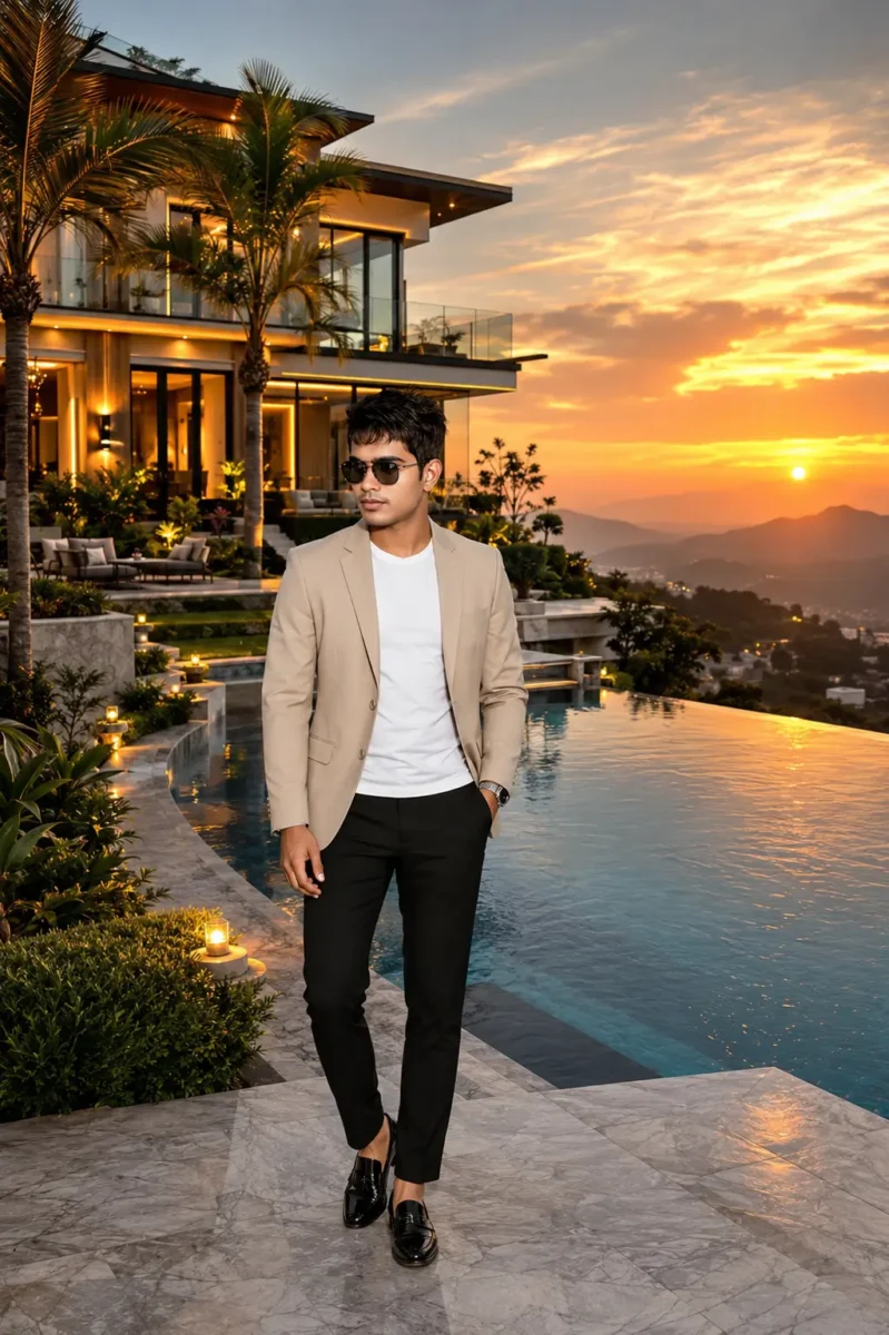 Young Indian man wearing a beige blazer standing beside a luxury infinity pool and modern villa during golden sunset.