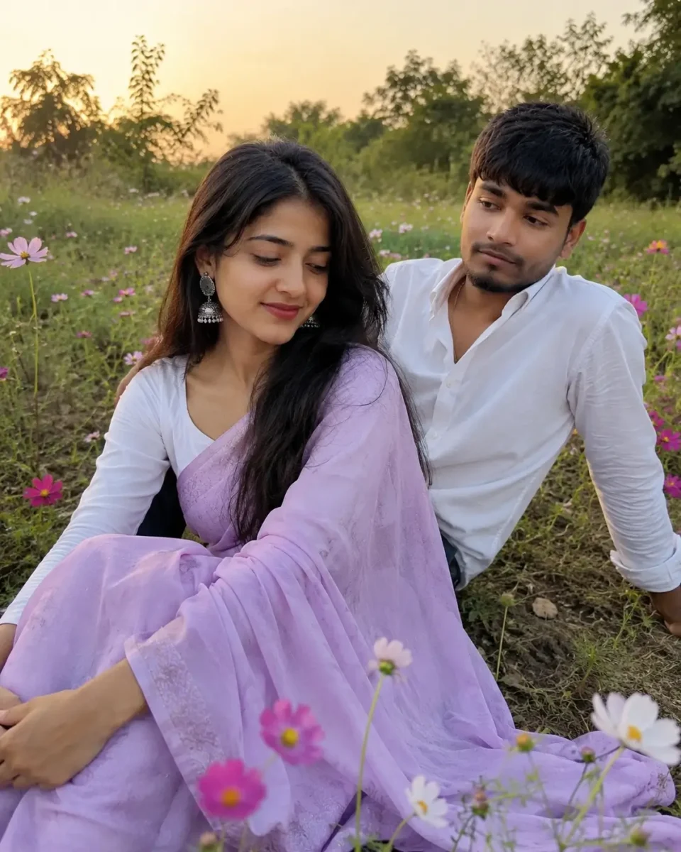 Young South Asian couple sitting naturally in a cosmos flower field during golden hour, creating a realistic romantic AI portrait.
