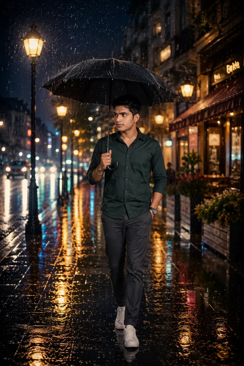 Young Indian man standing with a black umbrella on a rainy city street at night wearing a dark green shirt and charcoal trousers in a cinematic AI portrait.