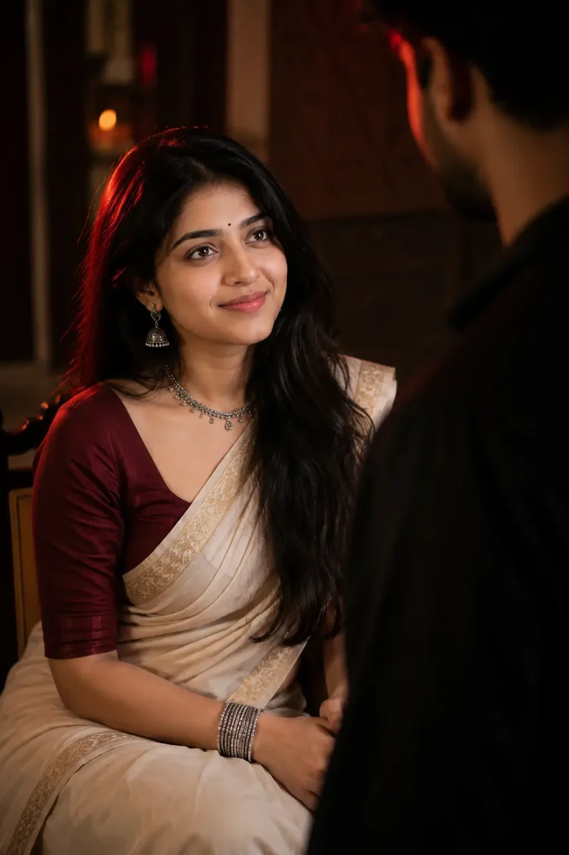 Ivory saree में बैठी महिला का cinematic AI portrait