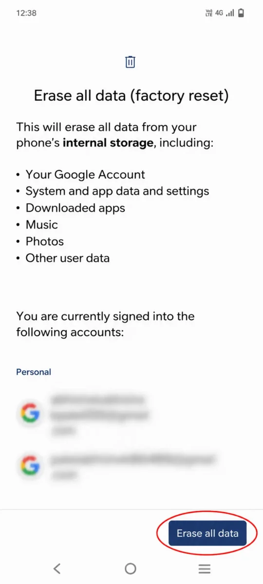 Vivo mobile me Erase All Data (Factory Reset) confirmation screen ka original screenshot jahan se phone reset ki process confirm ki jati hai.