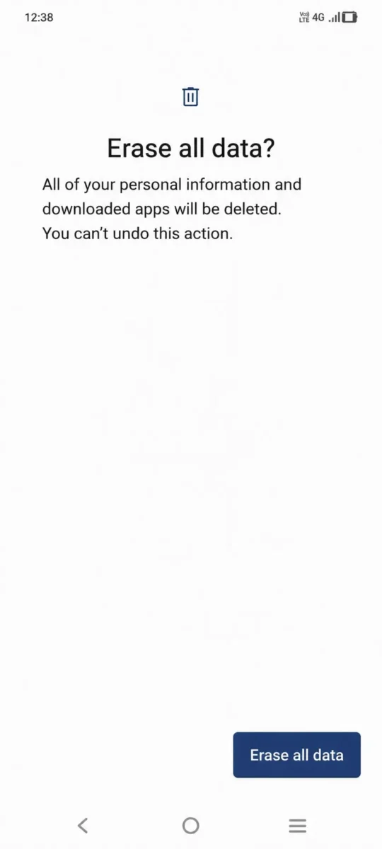 Vivo mobile me Erase All Data ki final confirmation screen jahan se Factory Reset shuru kiya jata hai.