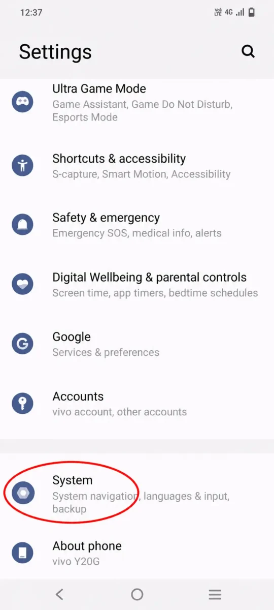 Vivo mobile ke System option ka original screenshot jahan se Reset settings open ki ja sakti hain.